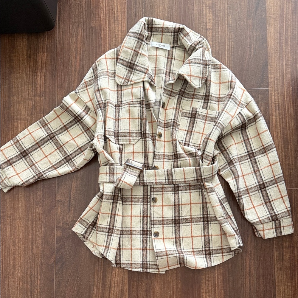 storets Cream Plaid Belted Shacket with Brown & Tan Accents